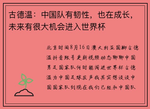 古德温:中国队有韧性,也在成长,未来有很大机会进入世界杯 古德温:中国队有韧性,也在成长,未来有很大机会进入世界杯